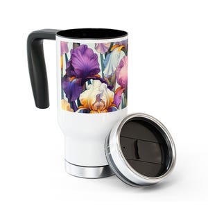 Floral Iris Stainless Steel Travel Mug, 14oz Coffee Tumbler, Vibrant Drink Container, Floral Design, Perfect Gift for Plant Lovers