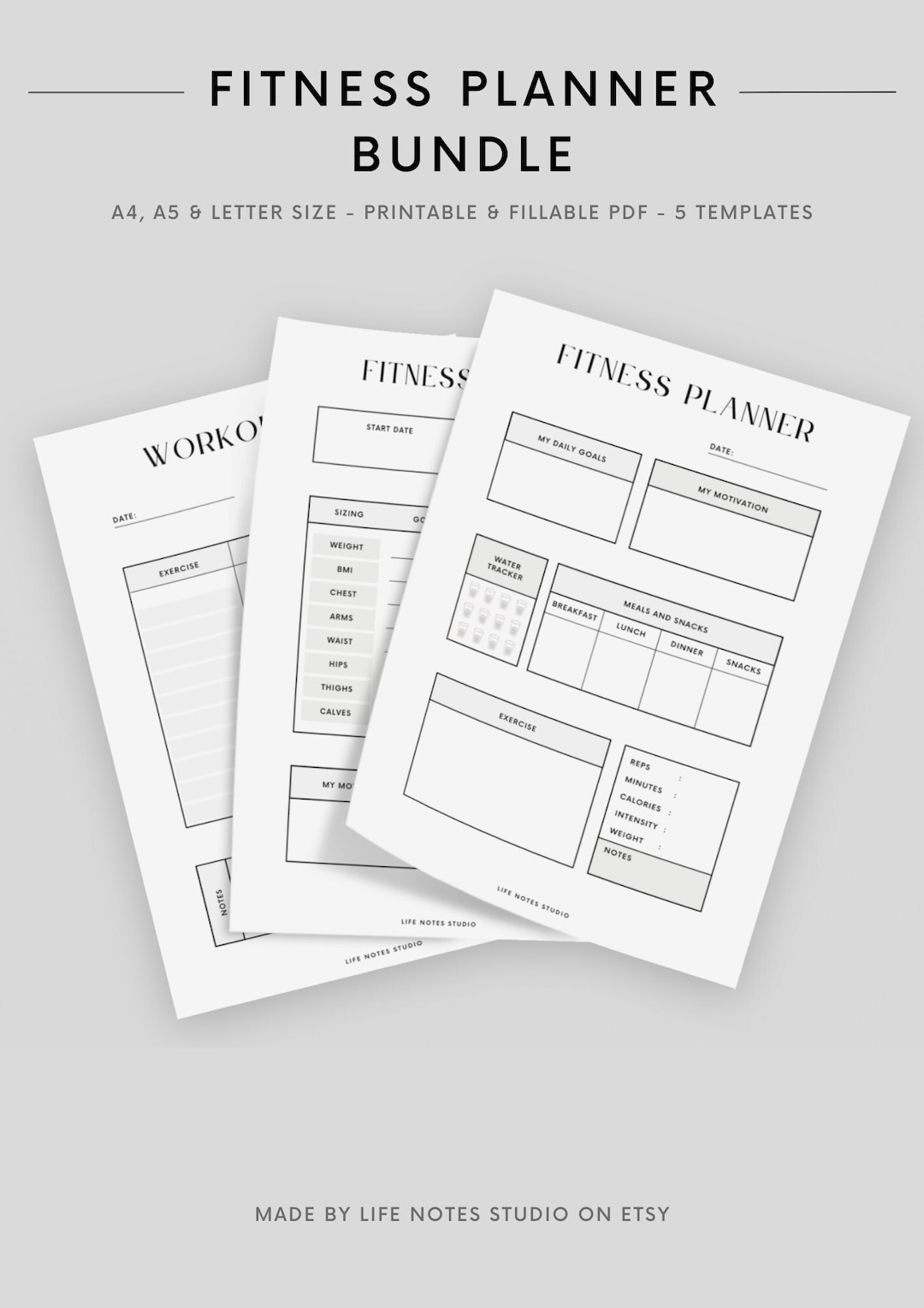 Digital Fitness Planner Bundle, Printable Templates, Health Journal