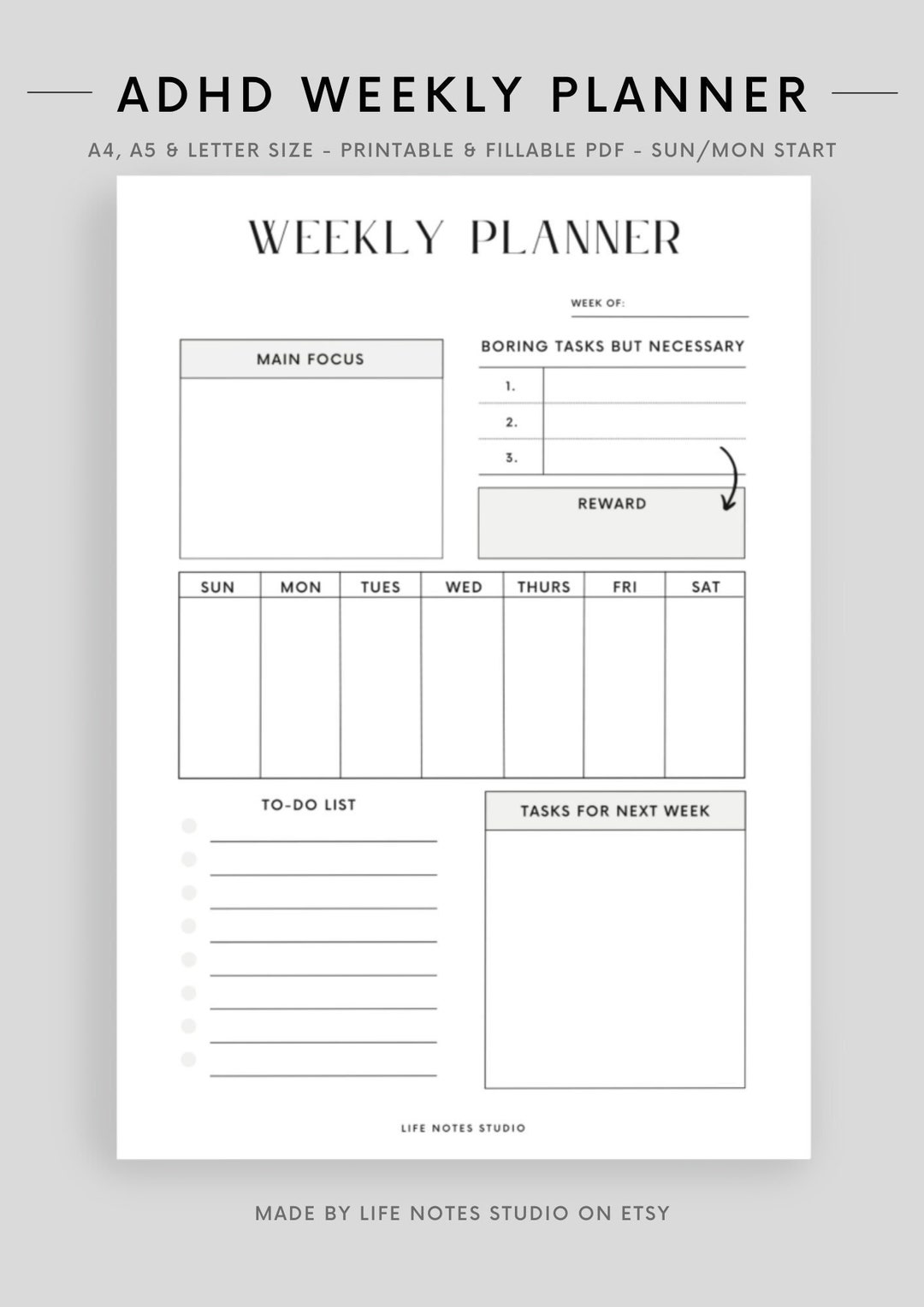 ADHD Weekly Digital Planner, ADHD Adult Planner Printable, to Do List