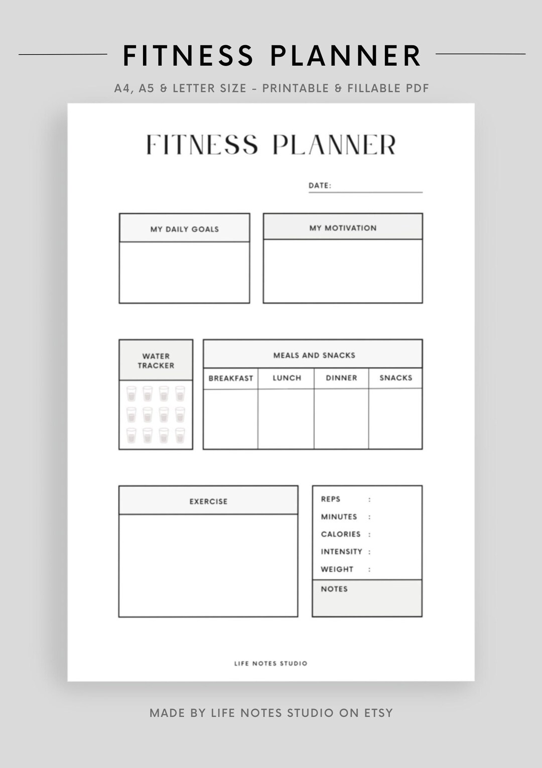 Digital Fitness Planner, Printable Fitness Template, Health Journal