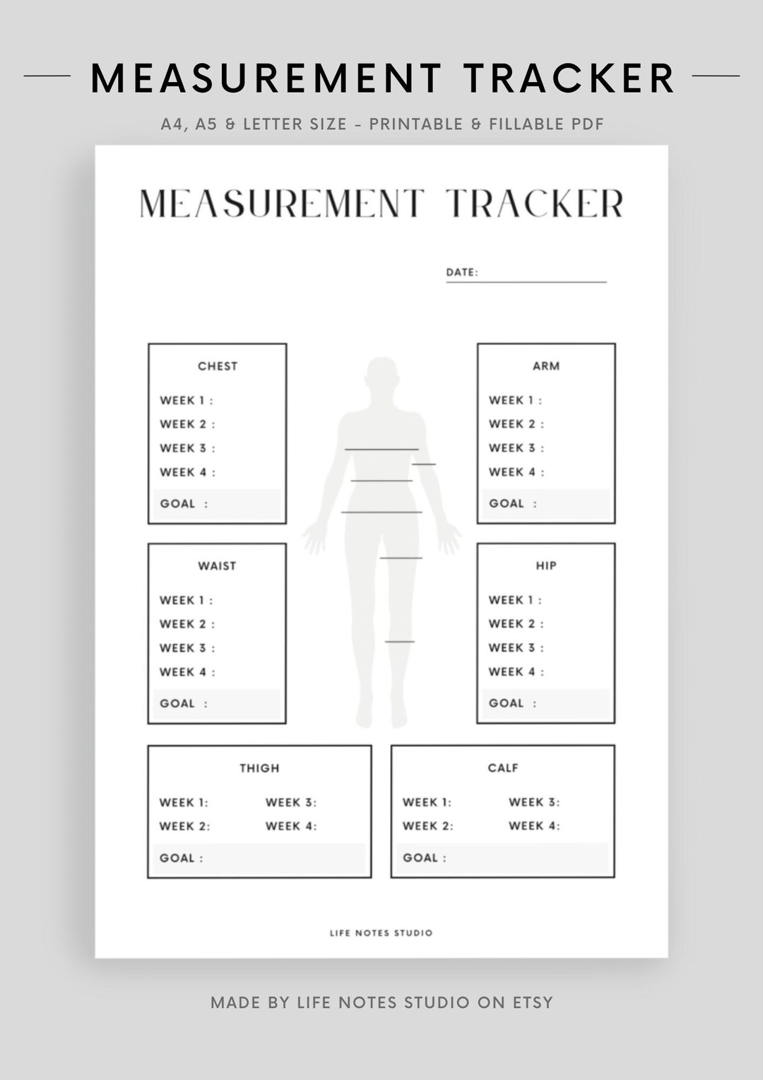 Digital Measurement Tracker, Printable Fitness Template, Health Journal, Diet, Workout Tracker