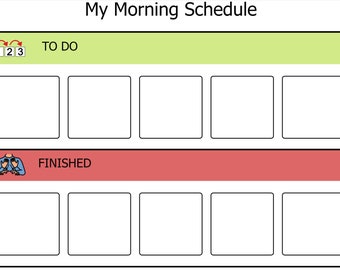 Może przedstawiać: Zielono-czerwony wykres z tytułem "My Morning Schedule". Wykres jest podzielony na dwie sekcje: "To Do" i "Finished". Każda sekcja zawiera pięć pustych pól.