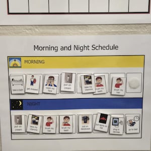 Könnte beinhalten: Ein gedruckter "Morgen- und Nachtplan" mit illustrierten Schritten für tägliche Routinen. Der Plan enthält Bilder für Aufgaben wie Baden, Anziehen und Zähneputzen. Der Text enthält die Überschriften "Morgen" und "Nacht" mit entsprechenden Aktivitätssymbolen.