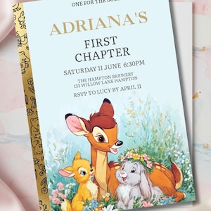May include: A baby shower invitation with a Bambi theme. The invitation has a light blue background with gold text, including the name "ADRIANA'S" and event details. The illustration features Bambi and friends.