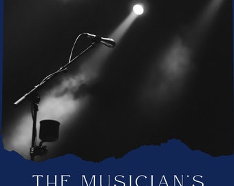 May include: A black and white image of a microphone on a stand, illuminated by a spotlight. The text "THE MUSICIAN'S PRACTICE JOURNAL" is displayed below the microphone, with "FIRST EDITION" at the bottom. The words "BEAR NOTCH STUDIOS" are at the top.