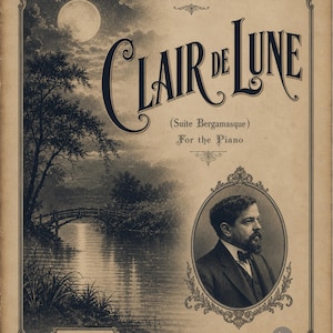 May include: Vintage sheet music cover for Claude Debussy's "Clair de Lune." The cover features a moonlit landscape with a bridge over water and a portrait of the composer. The title is in elegant script.