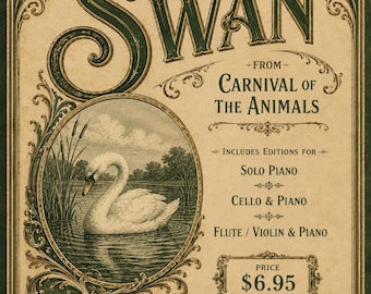 The Swan Sheet Music, Saint-Saëns, Piano Cello Violin Score (Digital Download)