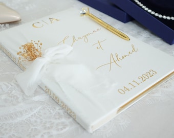 Livre d'or personnalisé | STYLO OFFERT Diamant et Décoration OFFERTE | A4 | Bordure argentée ou dorée | Wedding Guest Book Customized