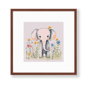 May include: A cute pink elephant with grey ears and trunk stands in a field of colourful flowers. The elephant is surrounded by yellow, pink, blue and purple flowers.