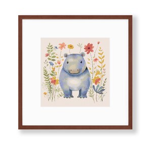 May include: A blue hippopotamus standing in a field of colourful flowers. The flowers are in shades of pink, yellow, orange, and blue.