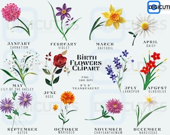 Birth Flowers Clipart, Birth Month Flowers, Birth Month Flowers Png, Birth Month Flower Bouquet Png, Birth Flower, Commercial Use