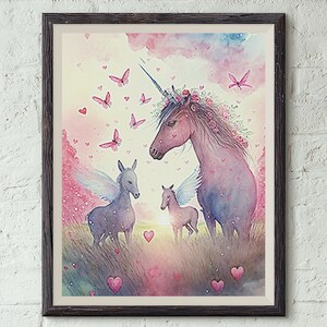 Watercolor Unicorn Wall Art, Unicorn Wall Art Prints, Valentine&#39;s Wall Art Print, Unicorn Watercolor Art Print, Watercolor Unicorn Painting