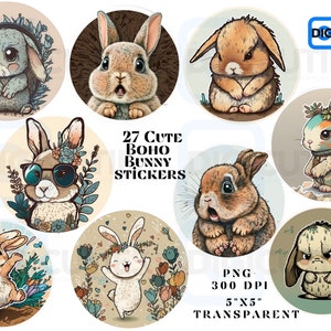 Słodki Króliczek Zestaw Naklejek, Słodkie Naklejki Króliczek, Naklejki Boho Króliczek, Słodki Wielkanocny Króliczek Clipart, Zabawny Królik Clipart, Króliczek PNG