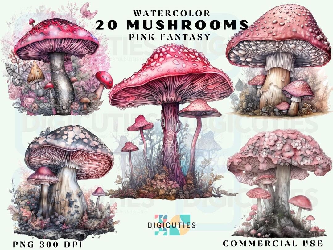 Watercolor Mushrooms Clipart, Mushroom Clipart Bundle, Pink Mushroom ...