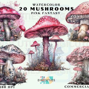 Watercolor Mushrooms Clipart, Mushroom Clipart Bundle, Pink Mushroom, Fantasy Mushroom Clipart, Mystical Mushroom Clipart, Commercial Use