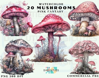 Watercolor Mushrooms Clipart, Mushroom Clipart Bundle, Pink Mushroom, Fantasy Mushroom Clipart, Mystical Mushroom Clipart, Commercial Use
