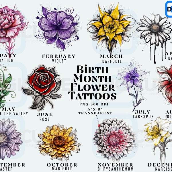 Birth Month Flowers Clipart, Birth Month Flowers, Birth Flower Tattoo Design, Birth Flower Tattoo, Birth Month Flower Bouquet Clipart