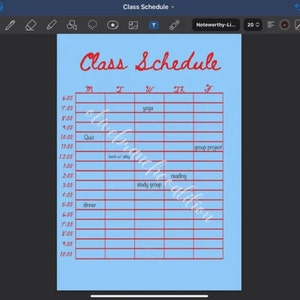 May include: A light blue printable class schedule template with red text. The schedule is divided into days of the week, with time slots from 6:00 AM to 10:00 PM. The days of the week are abbreviated as M, T, W, Th, and F. The time slots are in increments of one hour. The schedule includes activities such as yoga, quiz, lunch with study, reading, study group, and dinner.