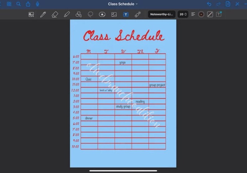 May include: A light blue printable class schedule template with red text. The schedule is divided into days of the week, with time slots from 6:00 AM to 10:00 PM. The days of the week are abbreviated as M, T, W, Th, and F. The time slots are in increments of one hour. The schedule includes activities such as yoga, quiz, lunch with study, reading, study group, and dinner.