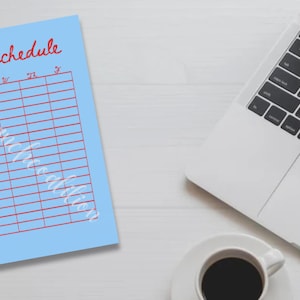 May include: A light blue printable class schedule with the text "Class Schedule" in red cursive writing. The schedule is divided into columns for each day of the week and rows for each hour of the day.