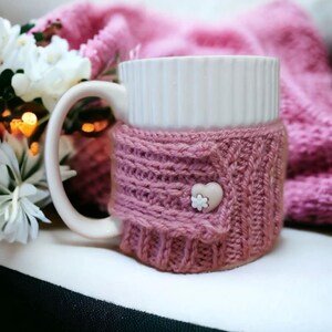 Handknitted Cup Cozy /  Mug Cover with a pouch  for your tea bags and a button