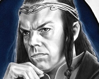 May include: A black and white drawing of a man with long dark hair wearing a dark shirt and a silver crown. The man is looking to the side with a serious expression. The drawing is set against a blue background with a waterfall in the background.