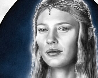 May include: A black and white portrait of a woman with long flowing hair, wearing a crown and a white dress. The background is a dark blue oval with a faint glow. The woman is looking directly at the viewer.
