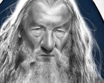 May include: A black and white portrait of a man with a long white beard and hair. He is wearing a blue robe and has a serious expression on his face. The background is a blurry image of a waterfall.