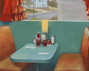 May include: Oil painting of a diner booth with two brown leather seats and a small table. Two glasses of cola, a ketchup bottle, and a salt shaker sit on the table. A window reveals a street scene with a building and red curtains.