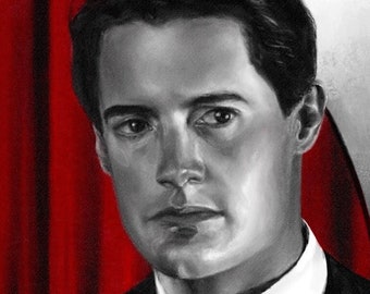 May include: A black and white illustration of a man in a suit holding a cup of coffee. The background is red and the text reads "This is, excuse me, a damn fine cup of coffee."