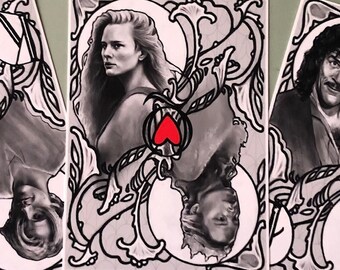 May include: Three playing cards with black and white illustrations of people's faces. Each card has a red heart in the corner. The cards are printed on white card stock.