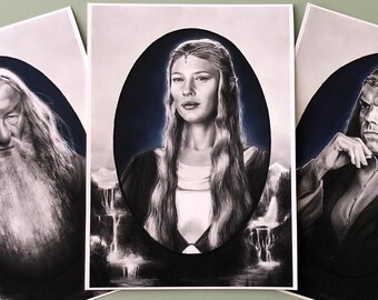 May include: Three black and white illustrations of characters from the Lord of the Rings. The first illustration is of Gandalf the Grey, the second is of Arwen Evenstar, and the third is of Aragorn.