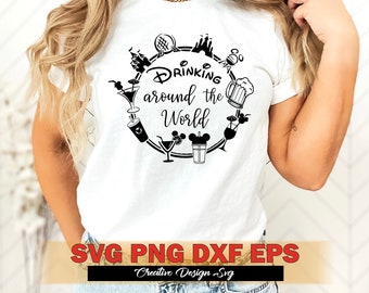 Puede incluir: Camiseta blanca con un diseño gráfico negro. El diseño presenta las palabras "Drinking around the World" en una disposición circular con ilustraciones de cócteles y monumentos. Debajo, el texto dice "SVG PNG DXF EPS" y "Creative Design - Svg".