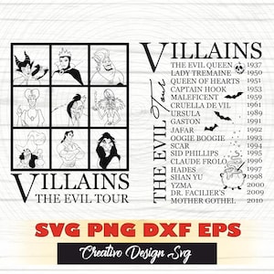 May include: Black and white illustration of Disney villains from various animated films. The image includes the text "The Evil Tour" and "Villains".