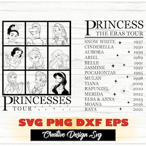 Prinzessin Tournee-Svg Png-Dxf Eps, Prinzessin Die Eras Tournee svg, Anna Elsa Schneewittchen Belle Jasmin Ariel svg Cricut Sofortiger Download digitaler Artikel