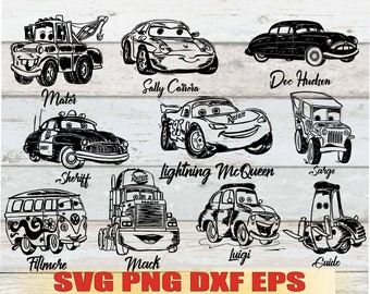May include: Black and white line art illustrations of various cartoon cars, including Mater, Sally Carrera, Doc Hudson, Sheriff, Lightning McQueen, Sarge, Fillmore, Mack, Luigi, and Guido. The image also includes the text "SVG PNG DXF EPS" and "Creative Design Svg".