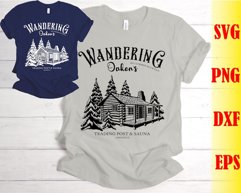 May include: A gray t-shirt with a black and white graphic design of a cabin in the woods. The text "Wandering Oaken's Big Summer Blowout" is above the cabin and the text "Trading Post & Sauna Arendelle" is below the cabin.