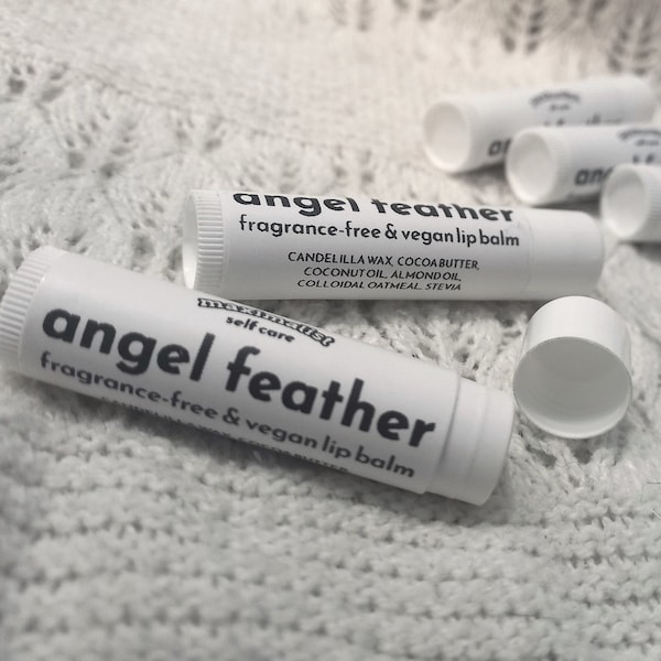 Angel Feather Lip Balm ~ Fragrance-free ~ Vegan Option ~ Colloidal Oatmeal, Candelilla Wax, Cocoa Butter