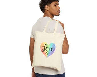 Love Rainbow Heart Cotton Canvas Tote Bag, Pride Tote Bag, Rainbow Shopping Bag, Reusable Shopping Bag, Fashion Pride Bag, Rainbow Aesthetic