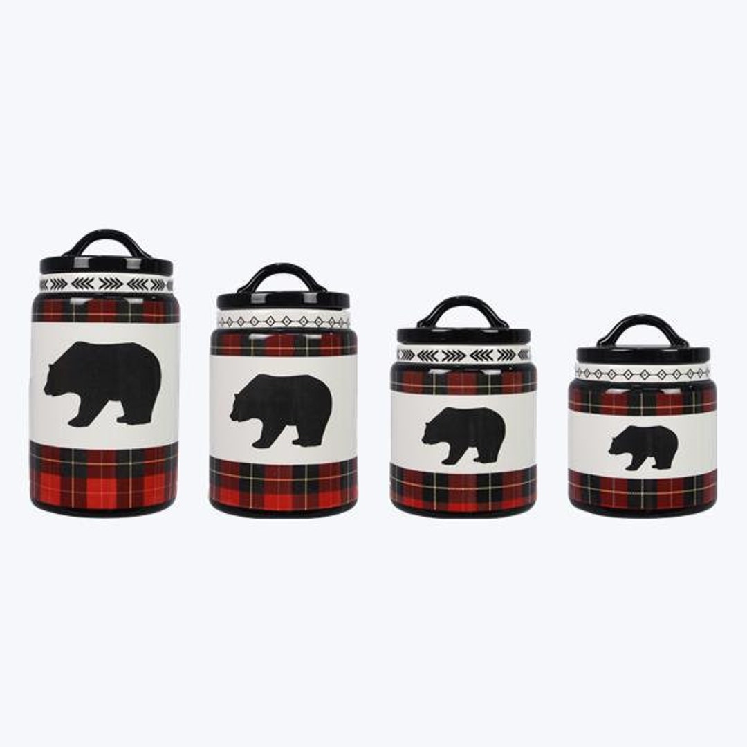 Ceramic Cabin Plaid Bear Canister Set of 4 Etsy