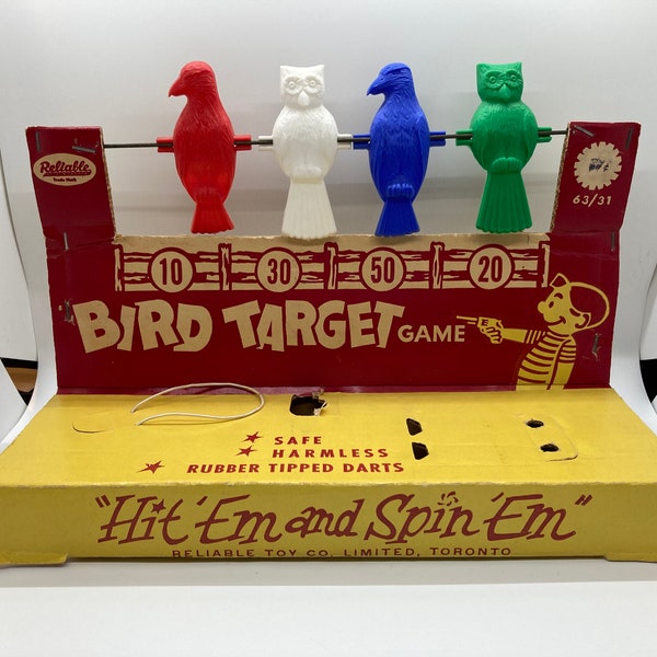 Vintage Bird Target Game Packaging, Missing Darts, Hit ‘em and spin ‘em Reliable Toy Co