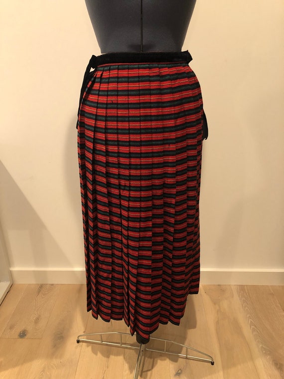 1980s Cullinane Pleated Wool Skirt with Velvet Tri