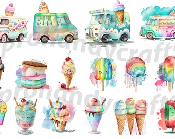 Watercolor Ice Cream Clipart, cones and sundaes, ice cream truck clip art PNG graphics instant download for commercial use