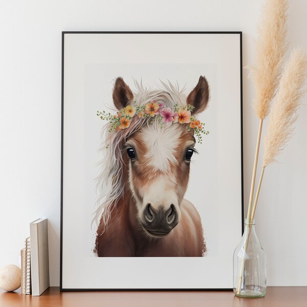 Baby Horse Printable Painting, Flower Crown, Nursery Wall Art Decor, Baby Animal Print, Nursery Decor. Animal picture, instant dowland