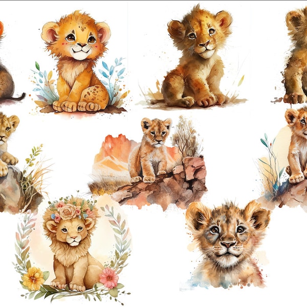13 Baby Lion Safari Animals Nursery Artwork High Quality Clipart, Instant Download, 300 Dpi, Transparent PNG Files, Commercial use