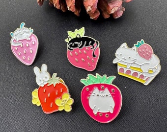Black Cat Pin Strawberry Cat Pin Fruit Cat Pin Cute Lapel, pink strawberry, white cat pin, rabbit strawberry pin,