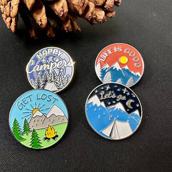 Snow Mountain day night Pine forest Get Lost Let's Go Life Is Good Happy pins label pin Birthday gift, anime positive pins