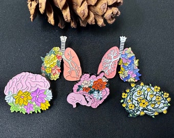 Flower heart brain lung organ pin hard enamel pins kawaii pin lapel pin badge brooch enamel pin set, good for kids learning