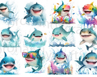 Sharks Watercolor Clipart, Ocean Wild Life Cute Ocean Animals PNG, nursery clipart