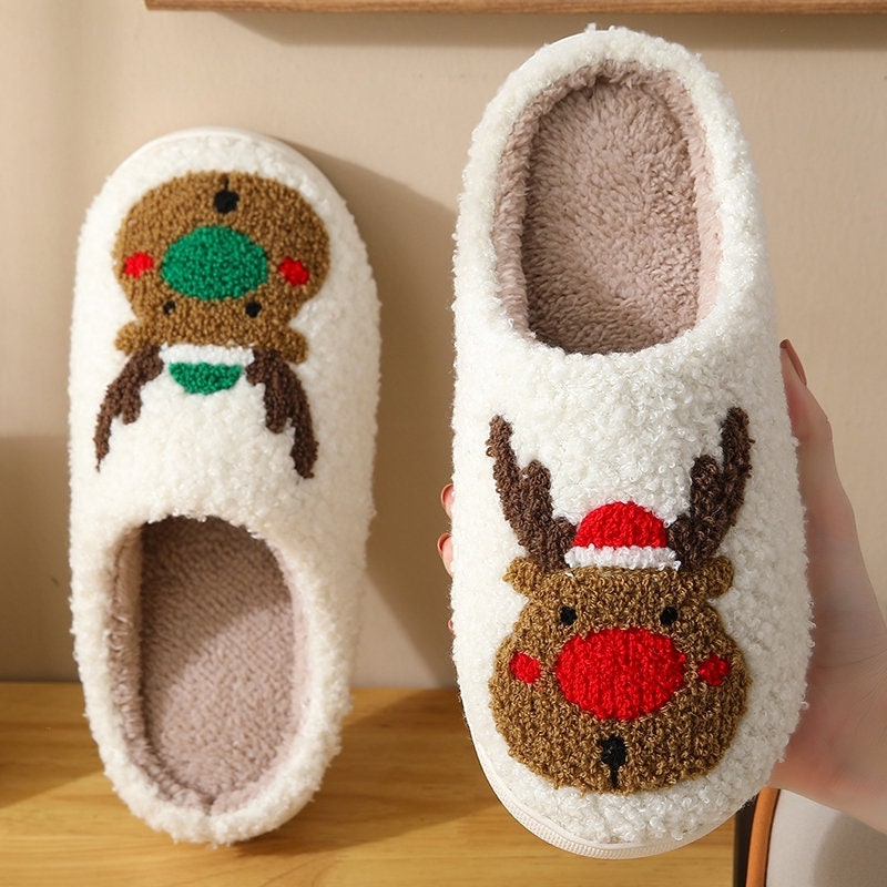 Embroidered Reindeer Slippers Christmas Slippers Fluffy - Etsy